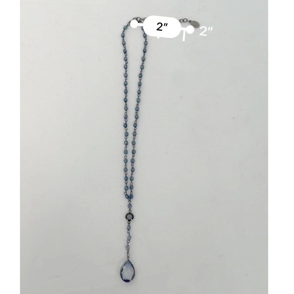 Robert Rose Blue Beaded Y-Necklace Gunmetal Tone Teardrop Pendant Chic 103-226